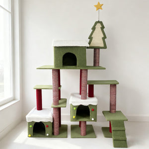 English Elm Wide Holiday Cat Tree Tower with Sisal Posts Tiered Perches and Festive Star Topper W243P382868
