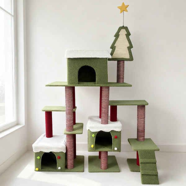 English Elm Wide Holiday Cat Tree Tower with Sisal Posts Tiered Perches and Festive Star Topper W243P382868