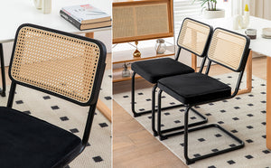 English Elm Dining Chairs Set of 4 Velvet Seat Woven Rattan Back Chrome Cantilever Frame W2105S00004