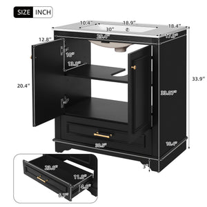 English Elm 30" Elegant Bathroom Vanity with Ceramic Sink, French-Inspired Compact Cabinet with Drawer & Shelf Black N710P317676B