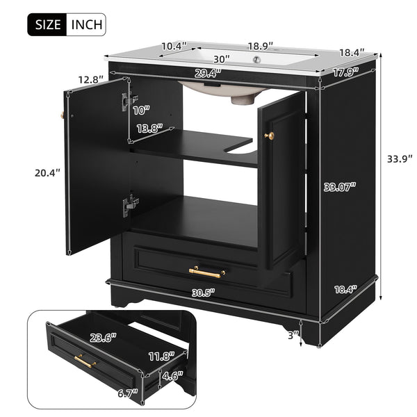 English Elm 30" Elegant Bathroom Vanity with Ceramic Sink, French-Inspired Compact Cabinet with Drawer & Shelf Black N710P317676B