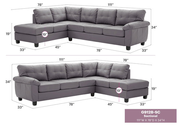 English Elm Gallant Upholstered Sectional Sofa with Reversible Chaise and Removable Backs Gray B078S00123
