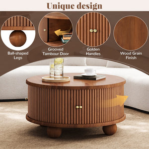 English Elm Round Fluted Pine Wood Coffee Table with Hidden Sliding Door Storage for Living Room Walnut N735P369879D