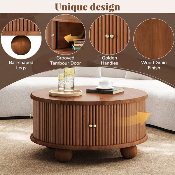 English Elm Round Fluted Pine Wood Coffee Table with Hidden Sliding Door Storage for Living Room Walnut N735P369879D