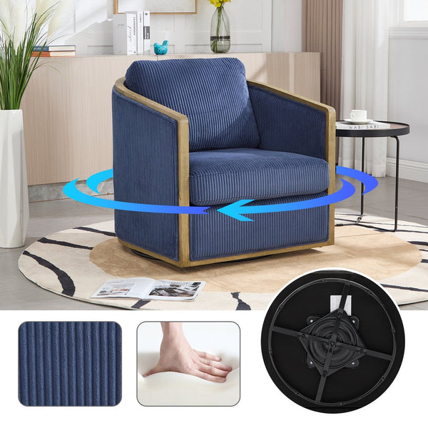 English Elm Corduroy Swivel Barrel Chair with Sturdy Wood Frame & Metal 360° Base, Plush Corduroy Comfort Pop Navy W395P220273