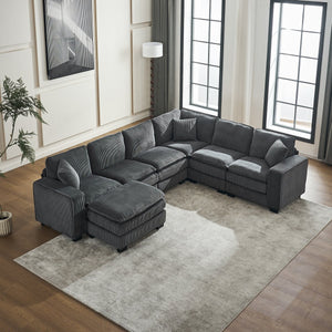 English Elm Modern U Shaped 6-Seat Sectional Sofa with Ottoman and 3 Toss Pillows, Corduroy Modular Comfort and Durable Frame Grey W2363S00041