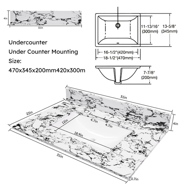 English Elm 31"X22" Bathroom Vanity Top With Undermount Sink, Panda White Artificial Marble, 3 Faucet Holes W509P362104
