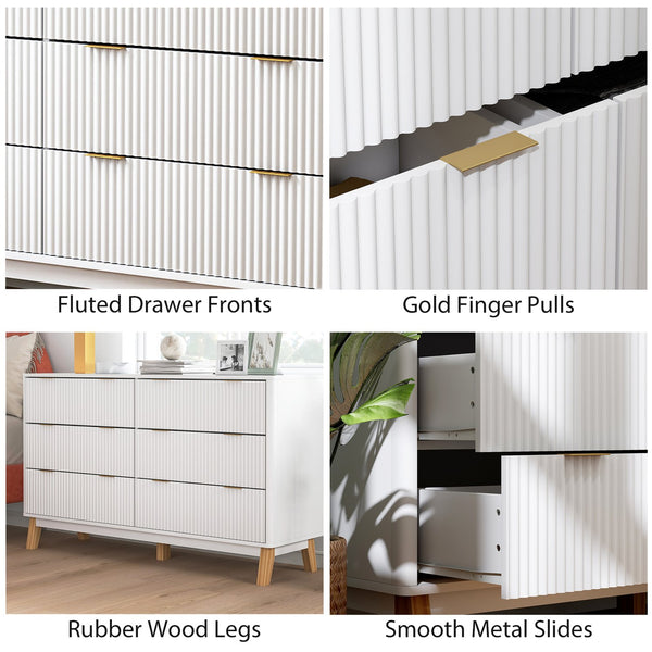 English Elm Closet Six Drawer Double Dresser with Fluted Fronts Gold Pulls and Rubberwood Legs T3971P431269