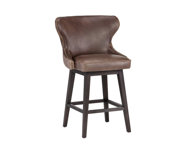 Sunpan Ariana Swivel Counter Stool - Elegant Button Tufted Design with Antique Brass Nailheads and Comfort Havana Dark Brown