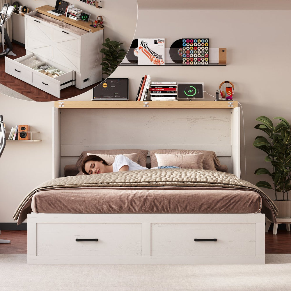 English Elm Queen Murphy Cabinet Bed Rustic Grey Farmhouse Style with Charging Station Storage W5271S00002