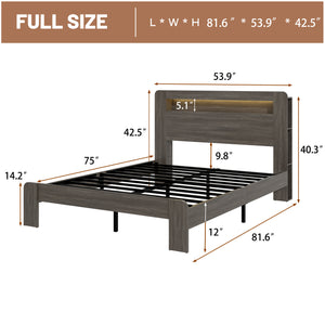 English Elm Bed Frame Full Size With Led Headboard, Usb Ports, Storage & Easy Assembly - Dark Grey Modern Design W636P288788