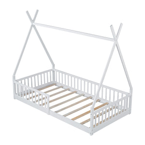 English Elm Twin House Bed with Roof and Fence for Kids – Sturdy Pine Frame, Vintage Wash Design, Safe Sleep Space White N709P183348K
