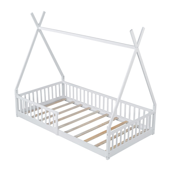English Elm Twin House Bed with Roof and Fence for Kids – Sturdy Pine Frame, Vintage Wash Design, Safe Sleep Space White N709P183348K