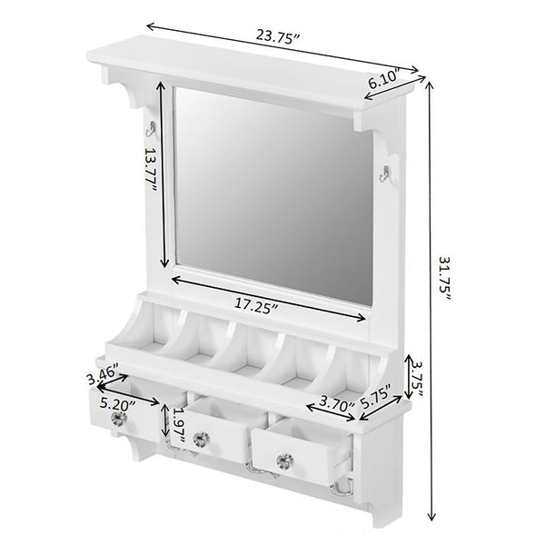 English Elm Floating Compact Wall Organizer Vanity with Large Mirror, Drawers, Hooks & Shelves for Small Spaces N844P292485A
