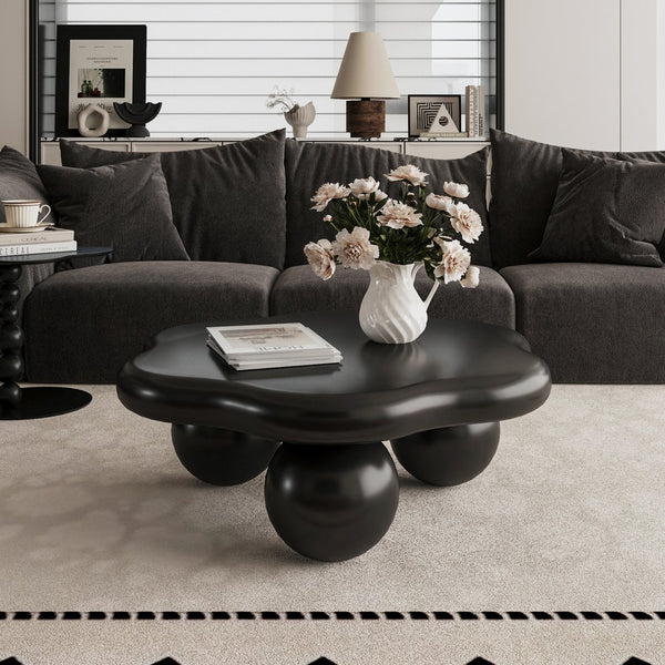 English Elm 35" Cloud Shaped Mdf Coffee Table Sculptural Round Top with Spherical Legs for Modern Living Black W1435S00030