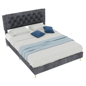English Elm Suede Tufted Platform Bed Full Size Upholstered Headboard for Restful Bedroom Retreat Grey W1935P360997