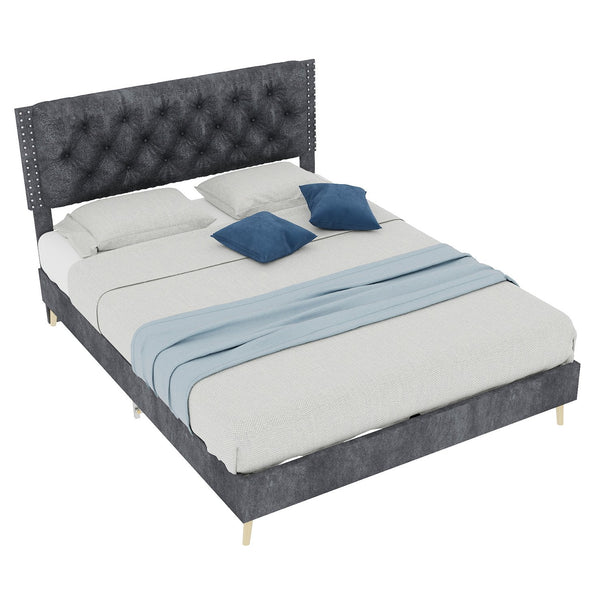 English Elm Suede Tufted Platform Bed Full Size Upholstered Headboard for Restful Bedroom Retreat Grey W1935P360997