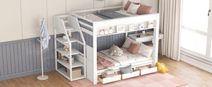 English Elm Wood Full Size Convertible Bunk Bed with Staircase Storage, Bedside Table and 3 Large Drawers, Durable Pine Finish White GX000335AAK-1