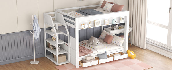 English Elm Wood Full Size Convertible Bunk Bed with Staircase Storage, Bedside Table and 3 Large Drawers, Durable Pine Finish White GX000335AAK-1