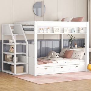 English Elm Wood Full Size Convertible Bunk Bed with Staircase Storage, Bedside Table and 3 Large Drawers, Durable Pine Finish White GX000335AAK-1