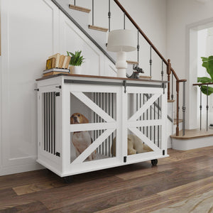 English Elm 47.2" Double Dog Crate Farmhouse Console with Rolling Casters and Barn Doors W2557P330269