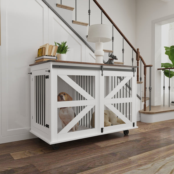 English Elm 47.2" Double Dog Crate Farmhouse Console with Rolling Casters and Barn Doors W2557P330269