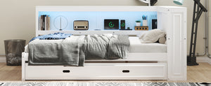 English Elm Full Pine Daybed with Trundle Sliding Storage Shelves Led Lighting and Usb Charging White GX004003AAK