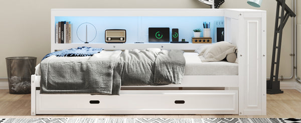English Elm Full Pine Daybed with Trundle Sliding Storage Shelves Led Lighting and Usb Charging White GX004003AAK