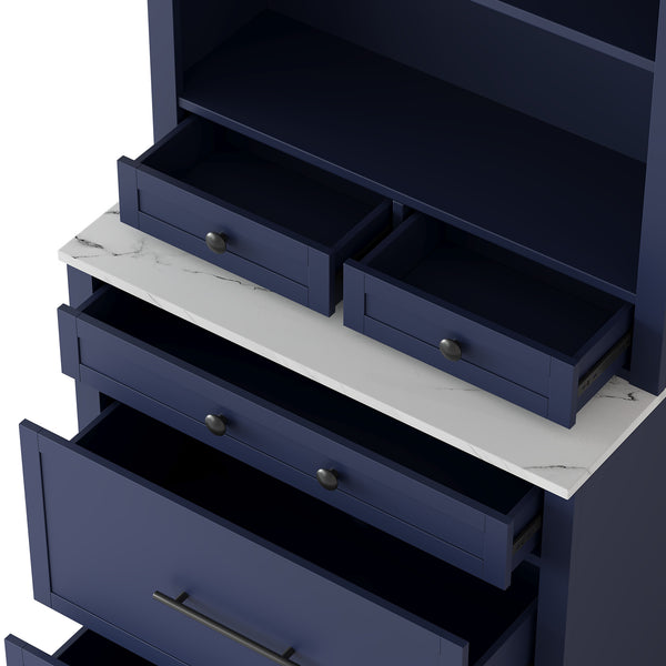 English Elm Modern Tall Kitchen Pantry Set of Two with Faux Marble Top and Glass Holders Blue SP000175AAC
