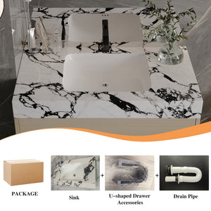 English Elm 29.9" Floating Bathroom Vanity Sintered Stone Top Soft Close Drawers Bronze Gold Hardware White+Black,Wood W3136S00035