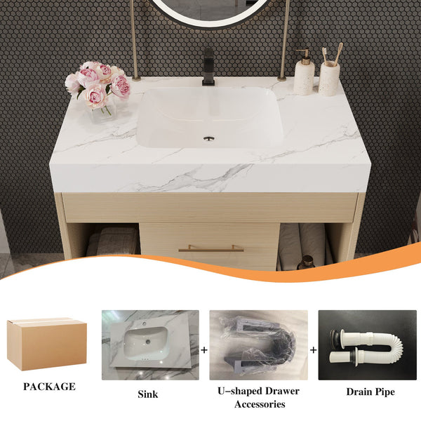 English Elm 29.9" Floating Bathroom Vanity Sintered Stone Top Soft Close Drawers Bronze Gold Hardware White,Wood W3136S00039