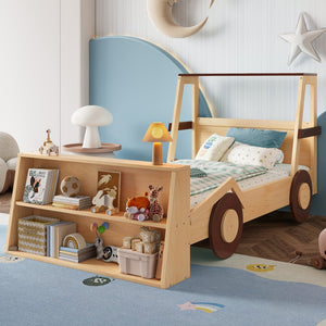 English Elm Twin Pine Treehouse Floor Bed with Padded Rails and Cabin Roofline for Kids W1580S00472