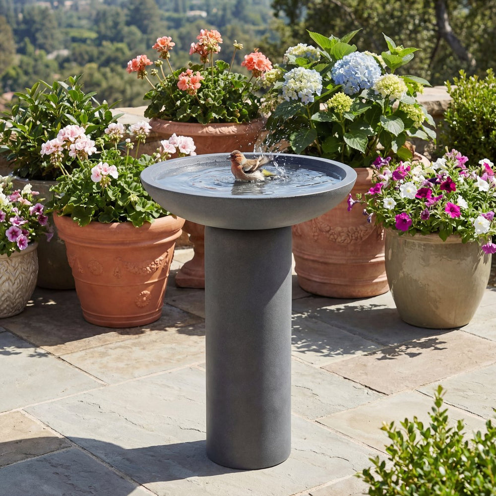 English Elm Polyresin Column Pedestal Birdbath Faux Stone Finish Weather Resistant Outdoor Garden N772P450057G