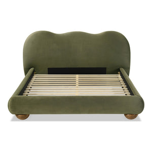 English Elm Brown Boucle Eastern King Bed Camel Back Headboard Round Bun Feet Upholstered Frame Olive Green B2741S00831