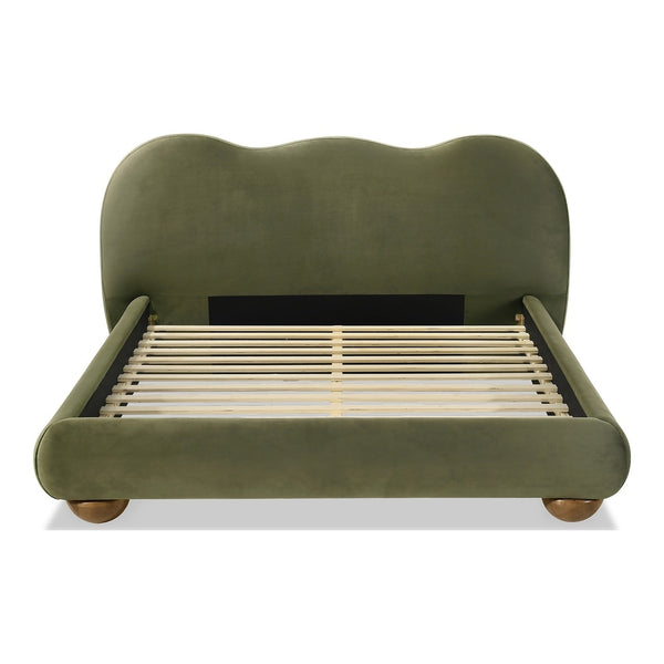 English Elm Brown Boucle Eastern King Bed Camel Back Headboard Round Bun Feet Upholstered Frame Olive Green B2741S00831