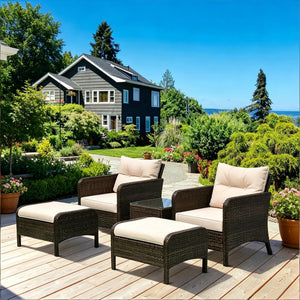 English Elm 5 Piece Pe Wicker Patio Lounge Set with Armchairs Ottomans and Glass Coffee Table T3971S00228