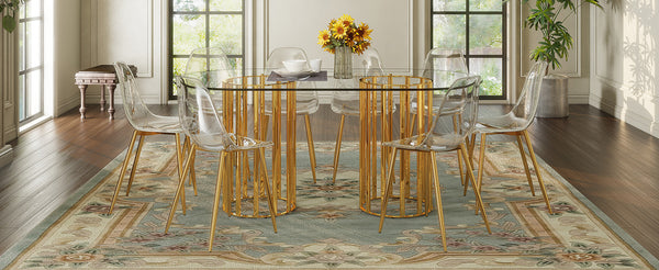 English Elm Table and Chair Set Oval Glass Top Gold Column Base with Ghost Acrylic Seating for 8 W1151S04731