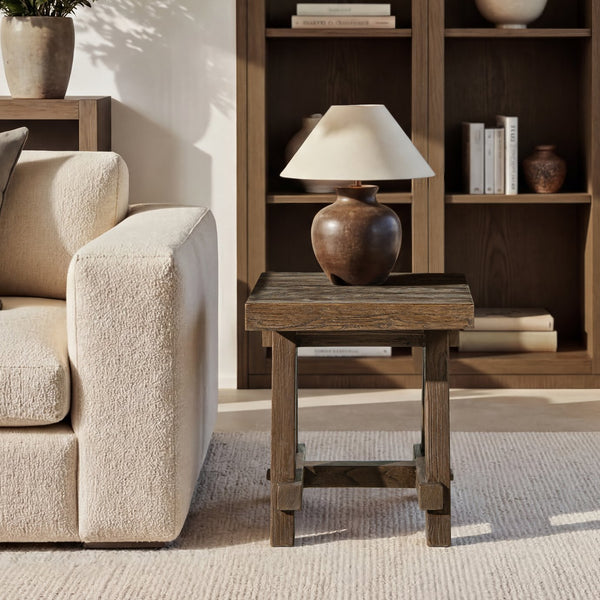 English Elm Hawthorne Reclaimed Elm Square Side Table with Trestle Base for Modern Rustic Interiors Brown B2719P474458