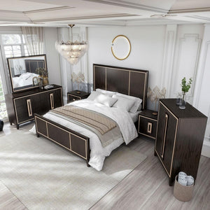 English Elm Bedroom Wooden Queen Bed with High Panel Headboard, Gold Trim Accent, Modern Luxury Design Espresso 25 L x 70 W x 5 H B2741S00072
