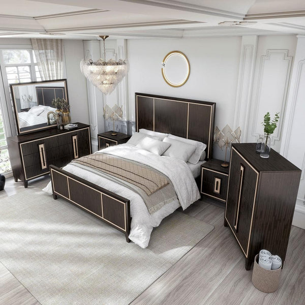 English Elm Bedroom Wooden Queen Bed with High Panel Headboard, Gold Trim Accent, Modern Luxury Design Espresso 25 L x 70 W x 5 H B2741S00072