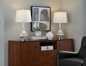 English Elm Glass Crackle Silver Table Lamp Set with Chrome Hardware and White Linen Shade Pair B202P471588