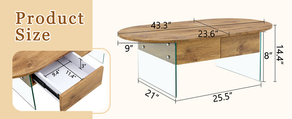 English Elm Cozy Natural Oval Coffee Table with Dual Drawers, Tempered Glass Legs, Wood Grain MDF Top, 43.3"x23.6" W1512P405601