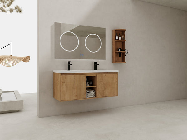 English Elm 48" Wall-Mounted Bathroom Vanity With Double Sink, Soft-Close Doors & Storage Rack For Modern Homes W999S00346