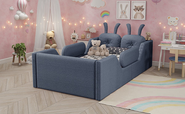 English Elm Twin Kids Platform Bed Teddy Fabric Upholstered with Bunny Cushions and Safety Rails Gray W2593P395809