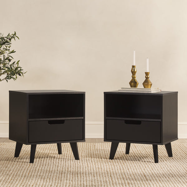 1-Drawer Midcentury Nightstand - Set of 2 Black HANB4CBLC-2PK Walker Edison