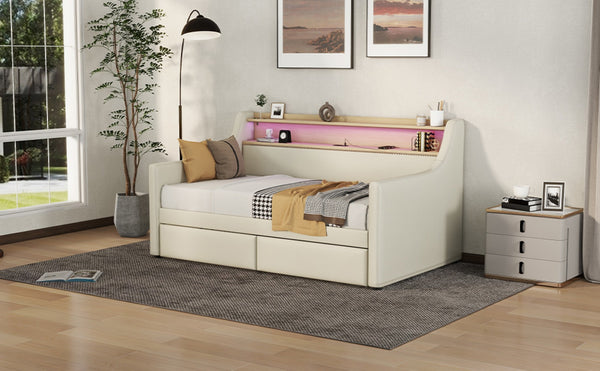 English Elm Twin Size Daybed With Storage Drawers, Led Lights & Charging Station – Stylish Beige Upholstered Design W1580S00022-GIGA