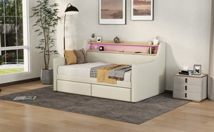English Elm Twin Size Daybed With Storage Drawers, Charging Station & Led Lights - Stylish Beige Upholstered Design W1580S00033-GIGA