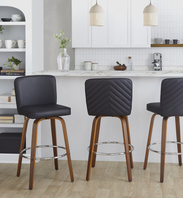 English Elm Fixed-height Swivel Barstools Mid-century Walnut Bentwood Frame Grey Upholstered Set B202S01925