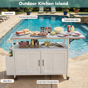 English Elm Foldable Outdoor Kitchen Cart with Stainless Worktop Fir Wood Frame and Lockable Wheels White N719P380279K