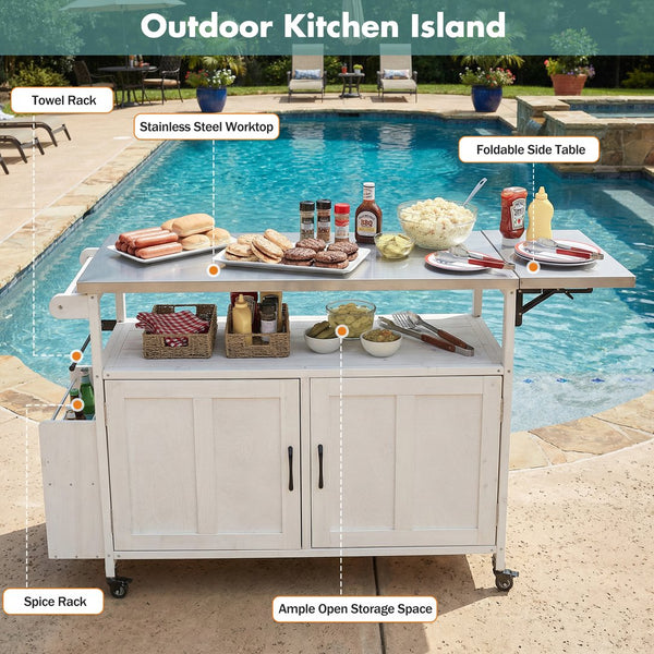 English Elm Foldable Outdoor Kitchen Cart with Stainless Worktop Fir Wood Frame and Lockable Wheels White N719P380279K